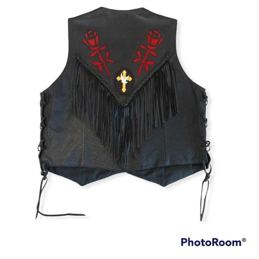 Women's MOB Rose Fringed Leather Vest with Suede Inserts and Pins